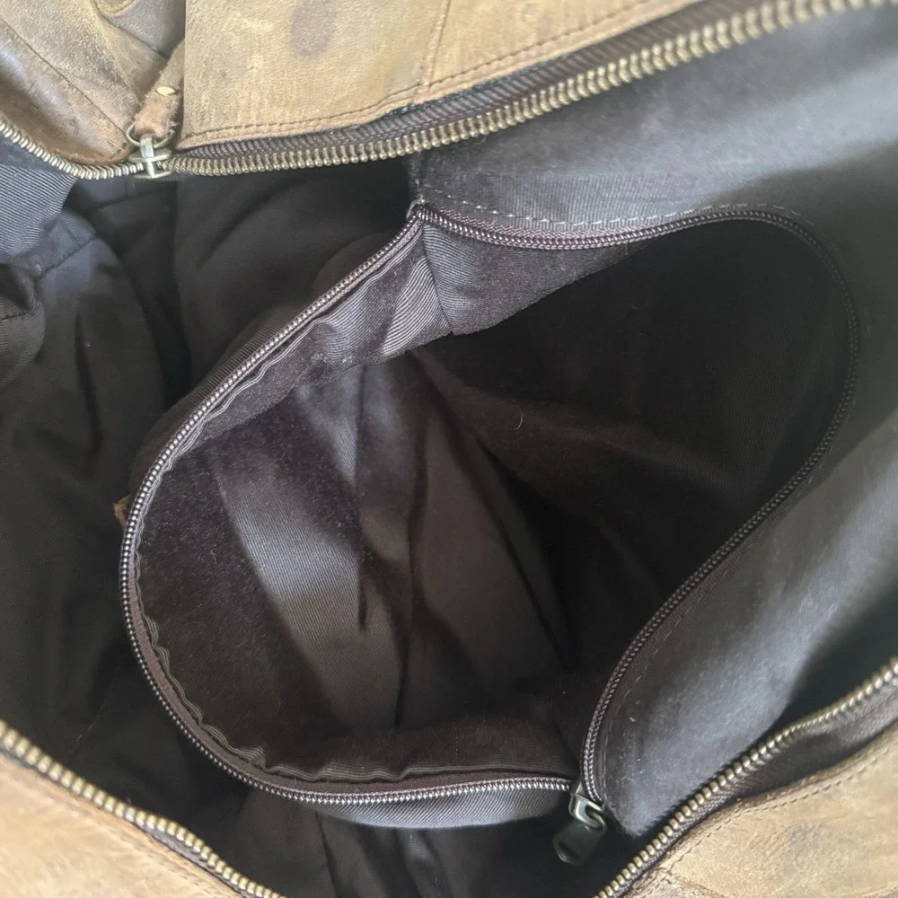 KomalC Distressed Brown Buffalo Leather Large Duffel Weekender Bag Shoe Comp